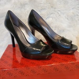 Black Leather Peep Toe Pump by Guess - Size 7 1/2